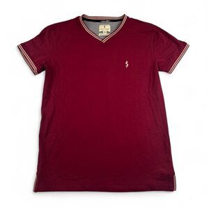 Scott James Burgundy V Neck T Shirt Men’s Size S Striped Preppy Tee